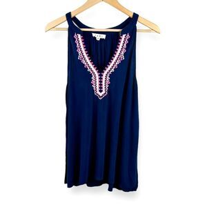 THML Women's M Sleeveless Embroidered V-Neck Top‎ Royal Blue Tribal Boho Flowy